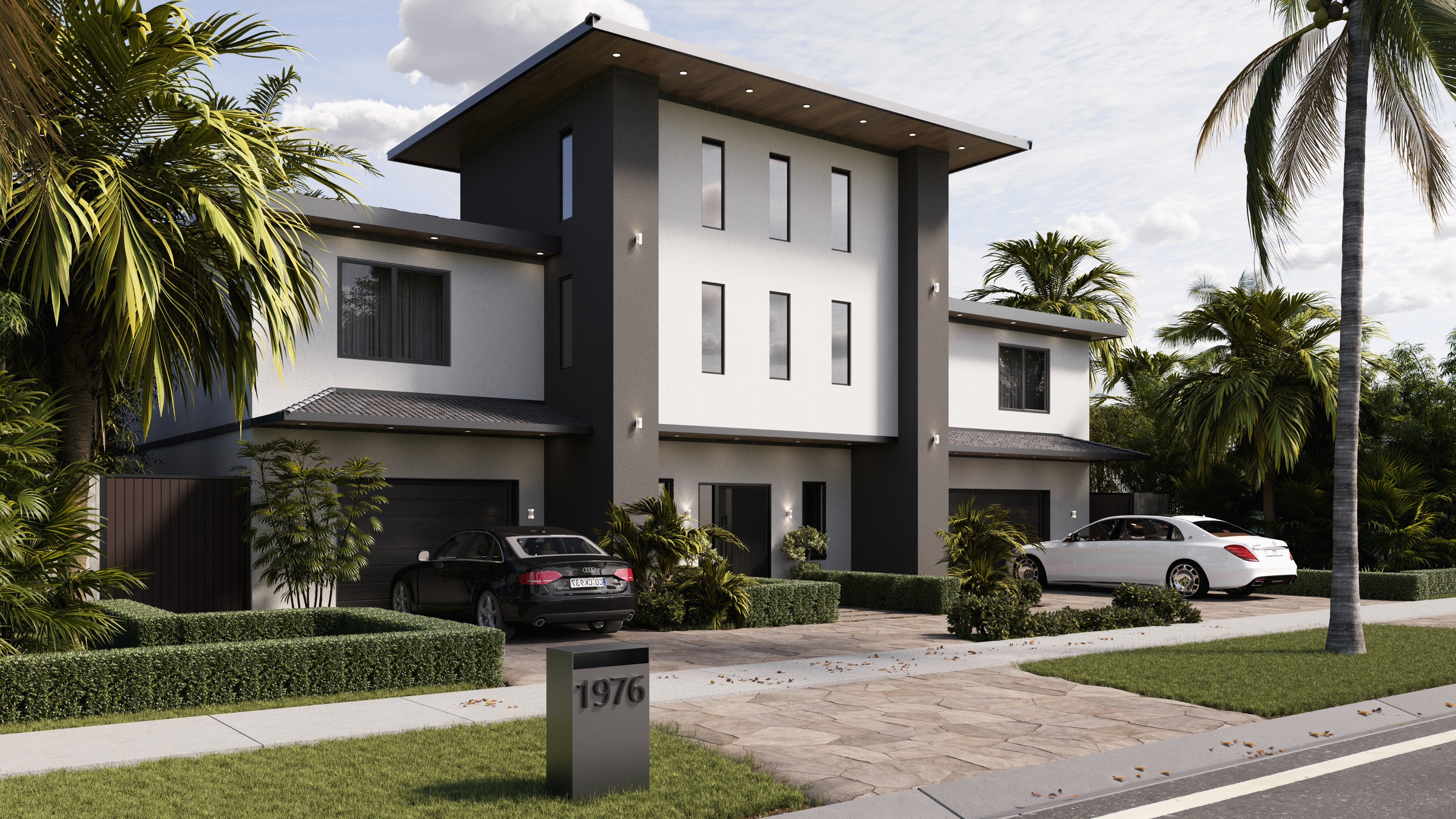 A contemporary residence with a contrasting facade, palm-lined frontage and views from the street.