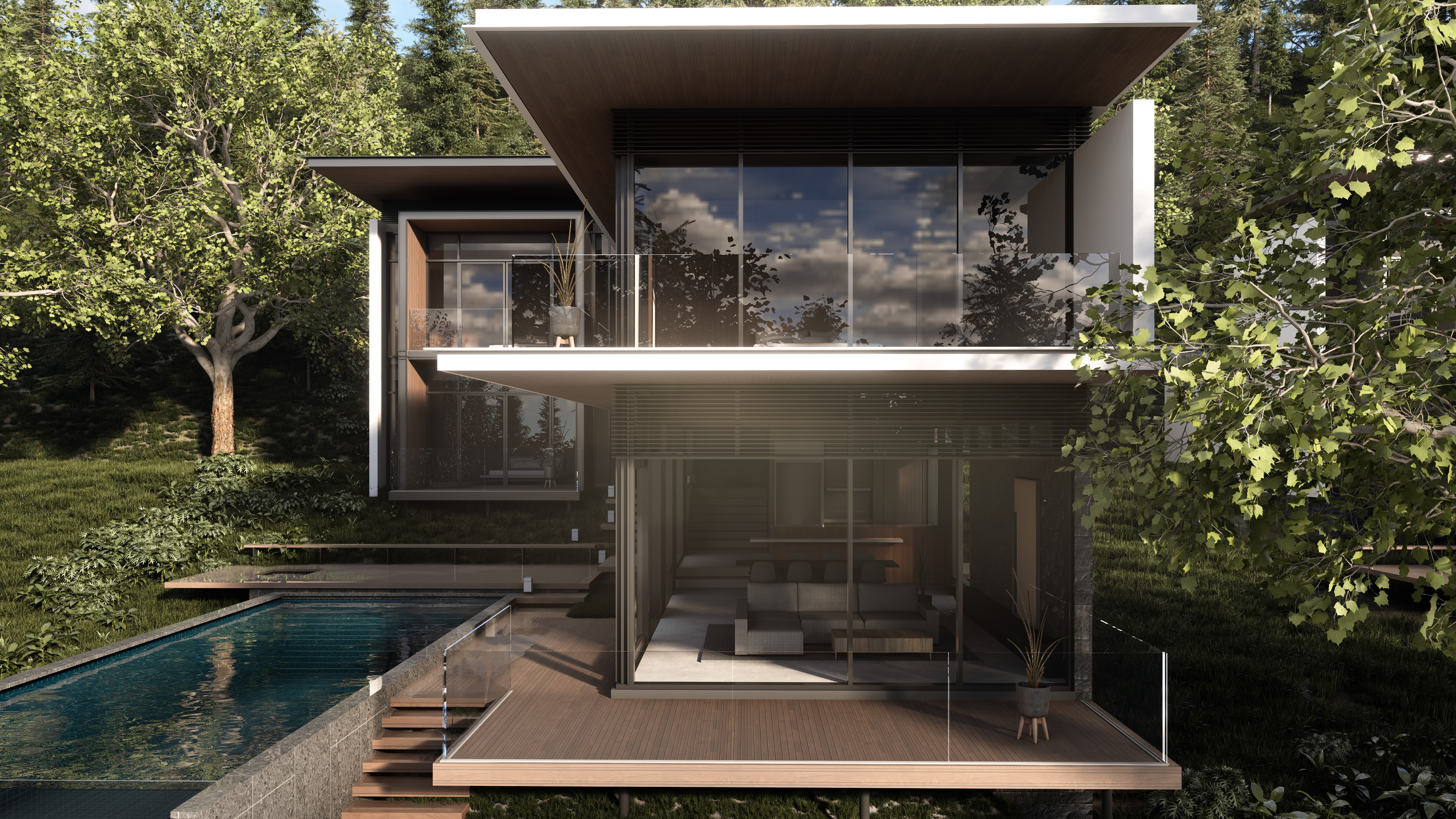 Glass-fronted living spaces open onto a pool and dense tropical planting. A visualization series exploring indoor-outdoor living.