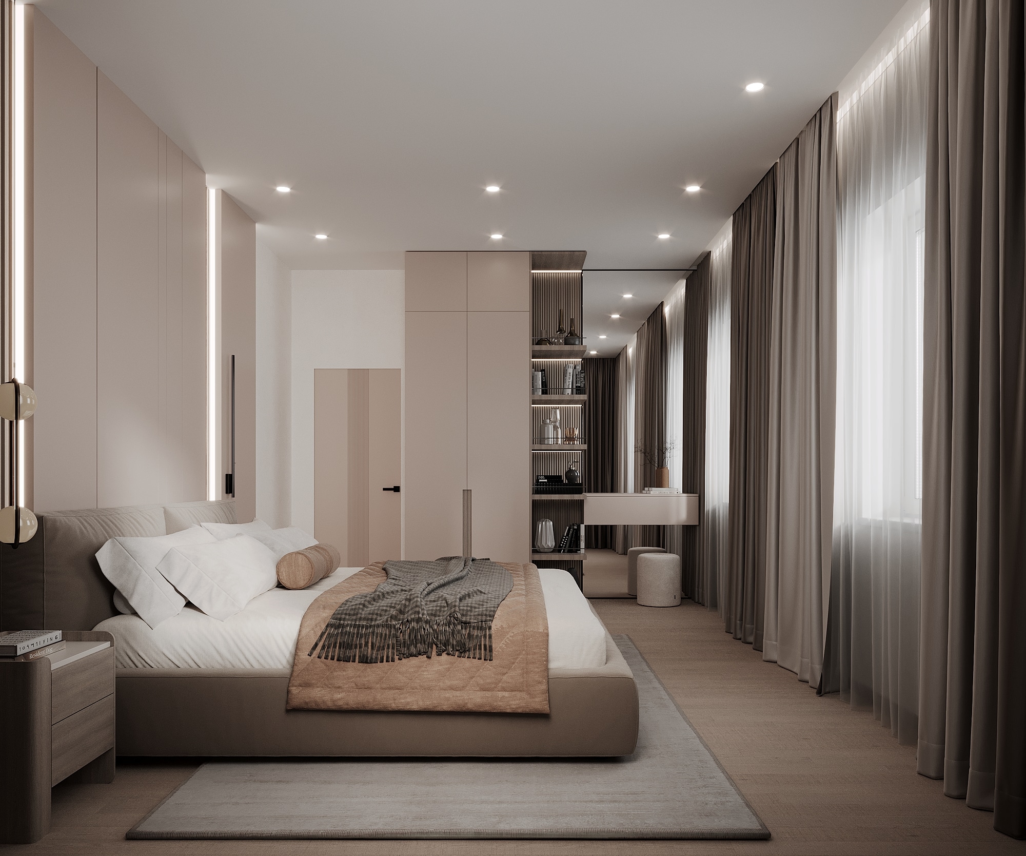 A quiet bedroom interior with layered textiles, integrated storage and soft architectural lighting.