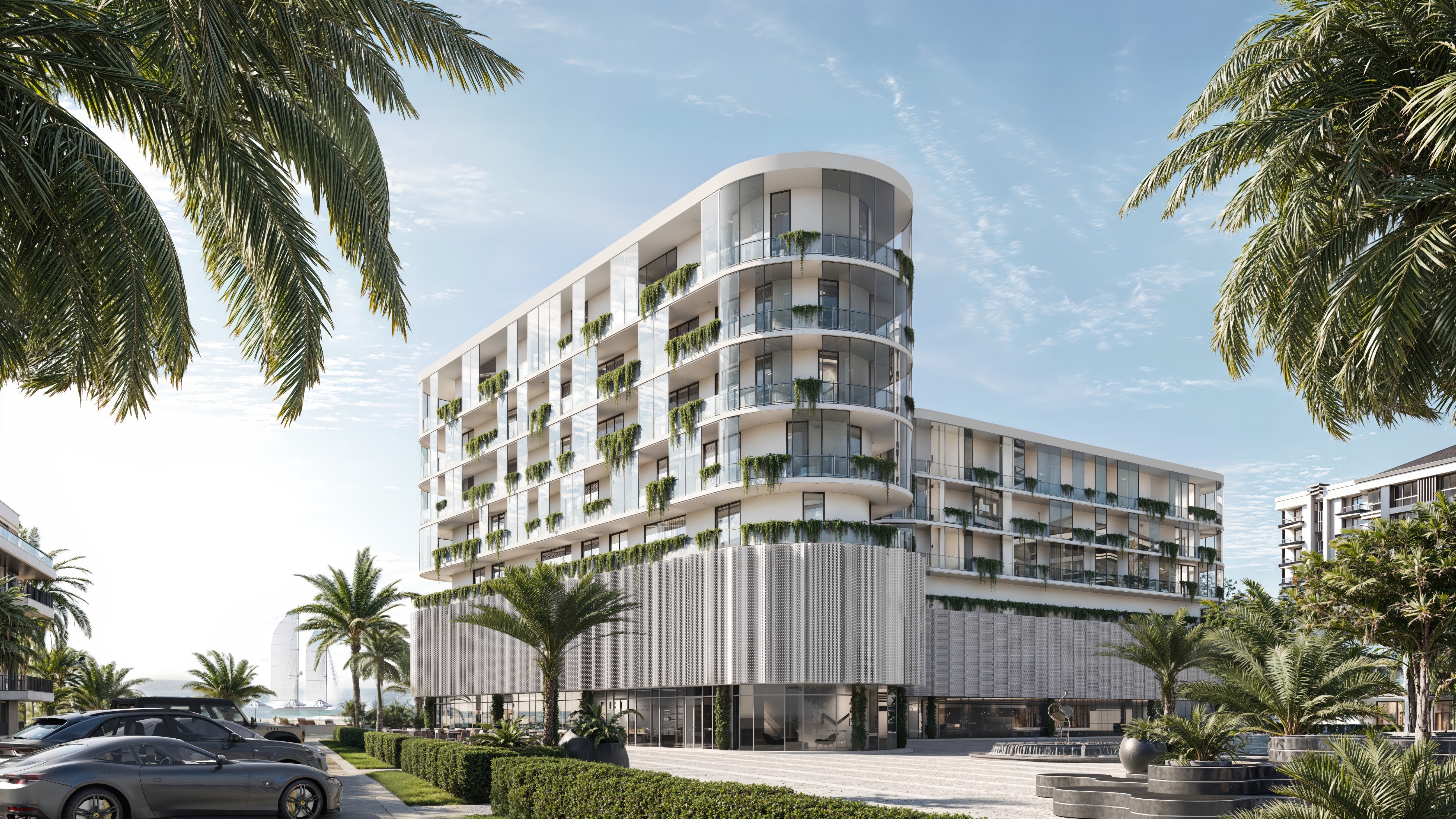 Curved balconies, tropical planting and a light-filled interior, brought together in a residential visualization series.