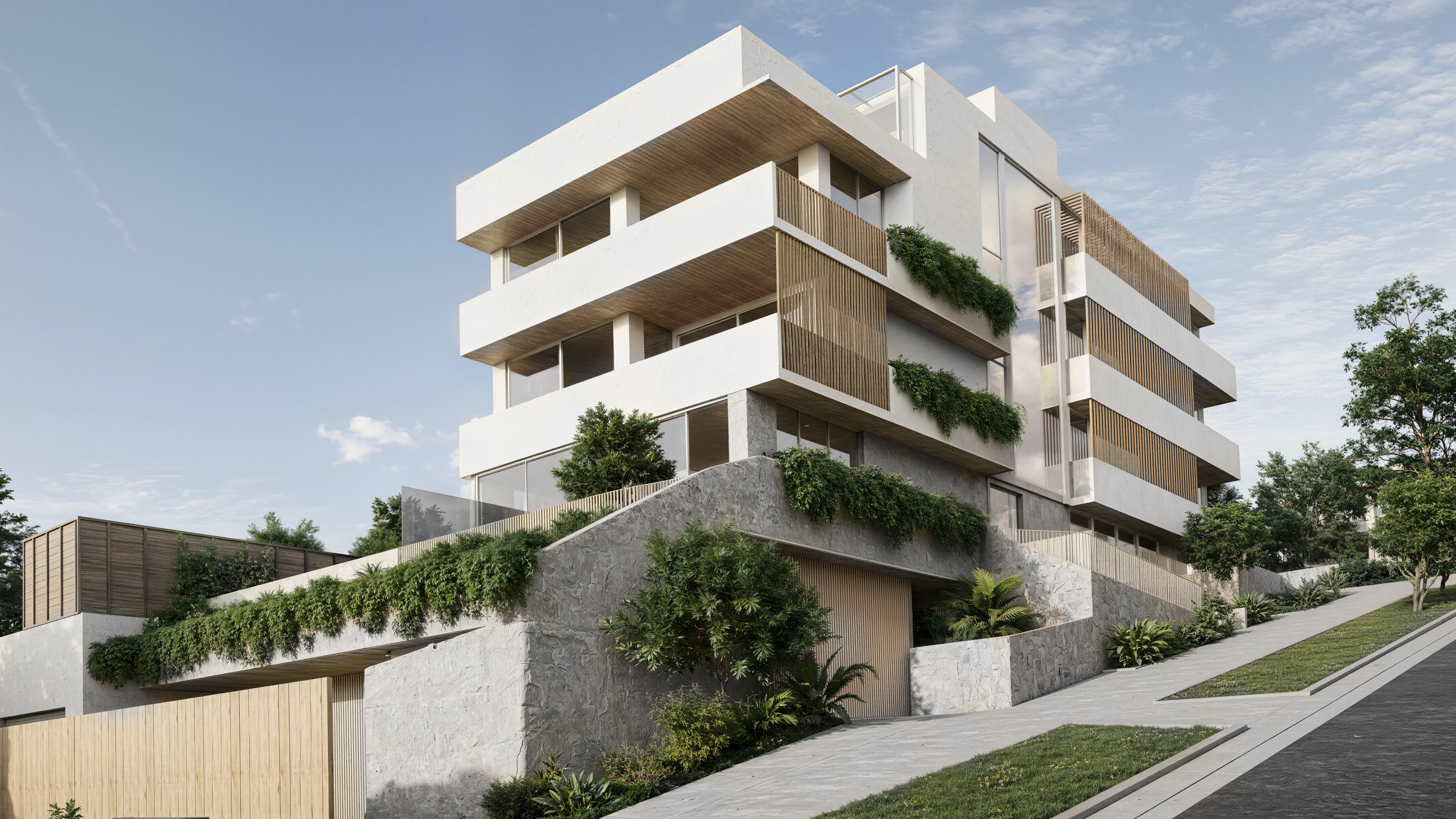 Coastal apartments framed by white terraces, warm timber screens and layered planting.
