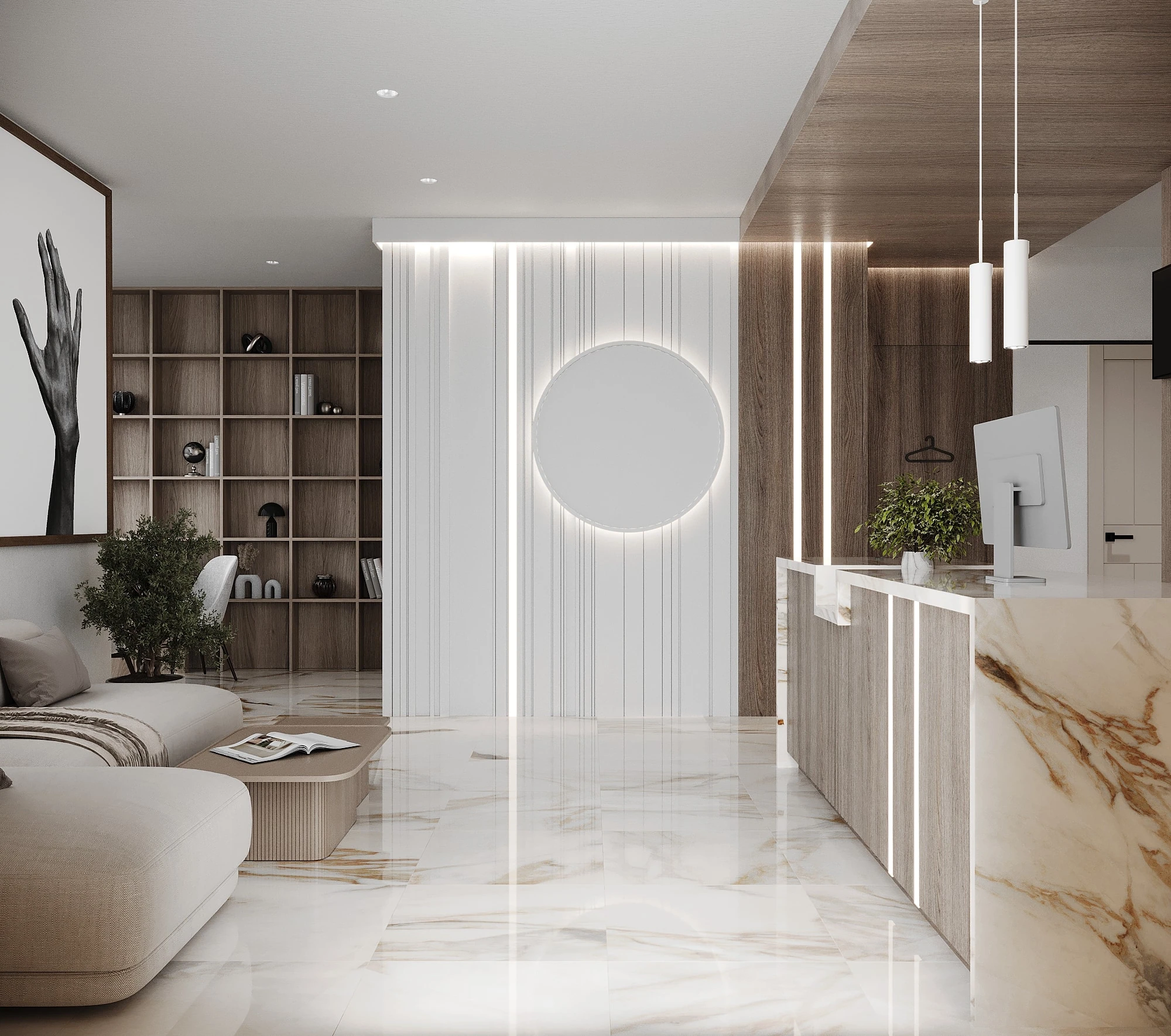 Warm stone, fluted details and gentle lighting define this beauty clinic interior visualization.