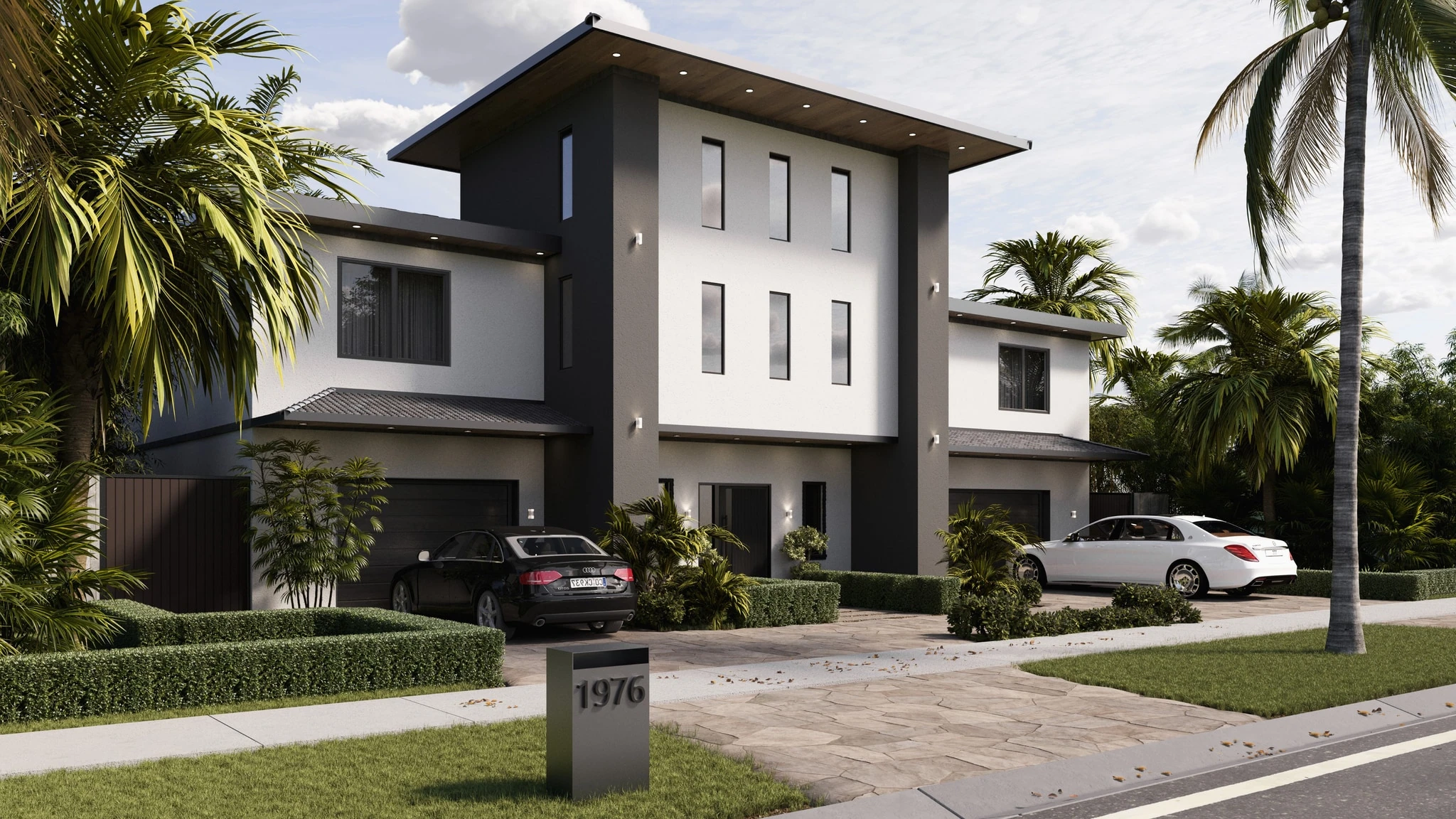A contemporary residence with a contrasting facade, palm-lined frontage and views from the street.