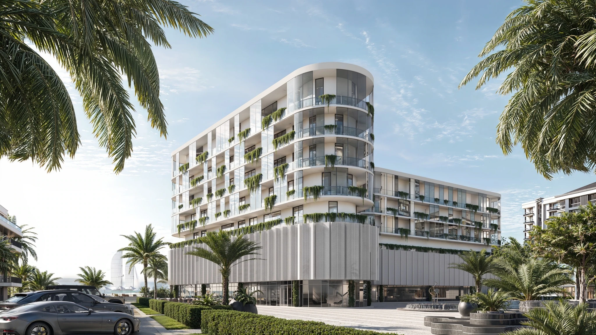 Curved balconies, tropical planting and a light-filled interior, brought together in a residential visualization series.