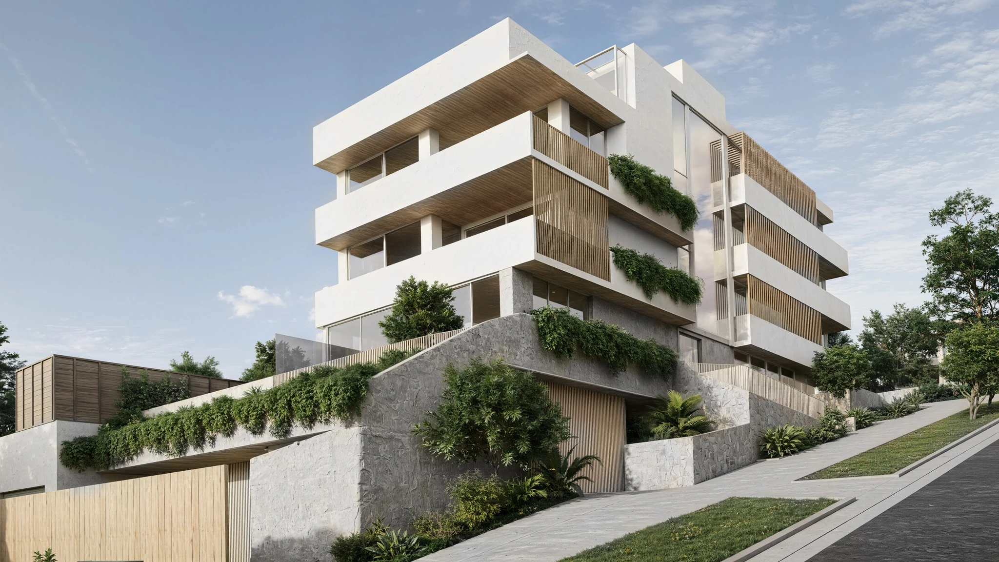 Coastal apartments framed by white terraces, warm timber screens and layered planting.